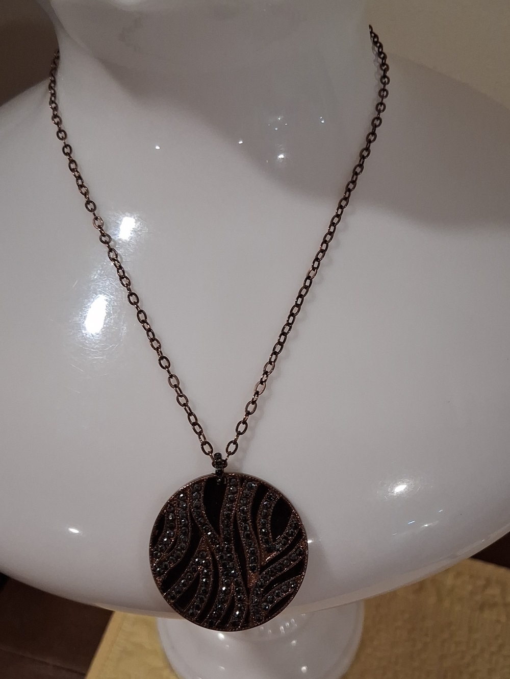 Vintage-Inspired Round Pendant Necklace in Dark Bronze with Black Accents